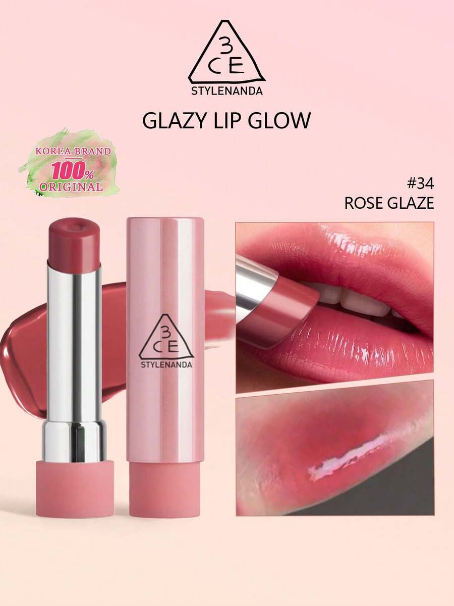 3CE Glazy Lip Glow 34 Rose G SN，保湿亮泽唇彩，水润亮泽配方，不粘腻，打造玻璃般水润唇妆效果，日常唇部护理，韩妆必备，3.2克/0.11盎司