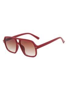 1 par de gafas de mujer con montura cuadrada de PC roja, puente doble, unicolor, minimalista, de estilo callejero de moda - Rojo - Ver 3