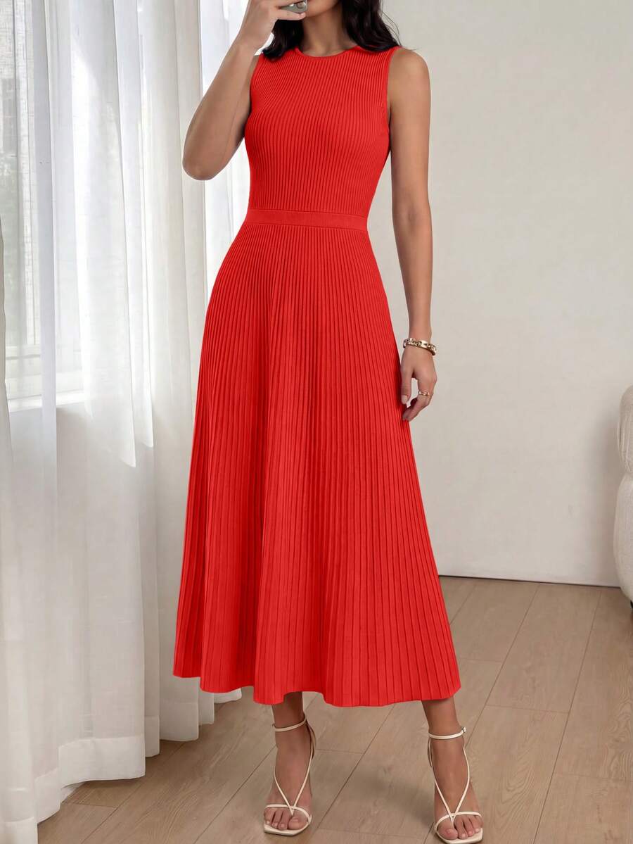 Women Summer Sleeveless Midi Dress Crewneck Ribbed Knit Pleated Swing A-Line Flowy Dress Solid Color Casual Spring Holiday Vacation Valentine Long Midi Dress Outfits - 磚紅色 - 查看 1
