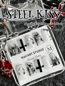 10片装手工朋克风亚克力美甲套装，包含短方形美甲片、黑色美甲片、可爱白色透明美甲片、撕裂设计美甲片和法式美甲片。完美融合十字架和星星元素，打造独具一格的朋克女孩风格。 - 彩色 - 查看 12