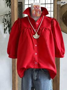 Plus Size Women Casual Vacation Solid Color Crinkle Wooden Button Loose Short Sleeve Shirt Summer - Bright Red - View 2