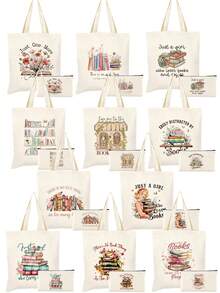 Large Capacity Floral & Book Themed Printed Beige Canvas Tote Bag With Zipper Pouch, Shoulder Bag