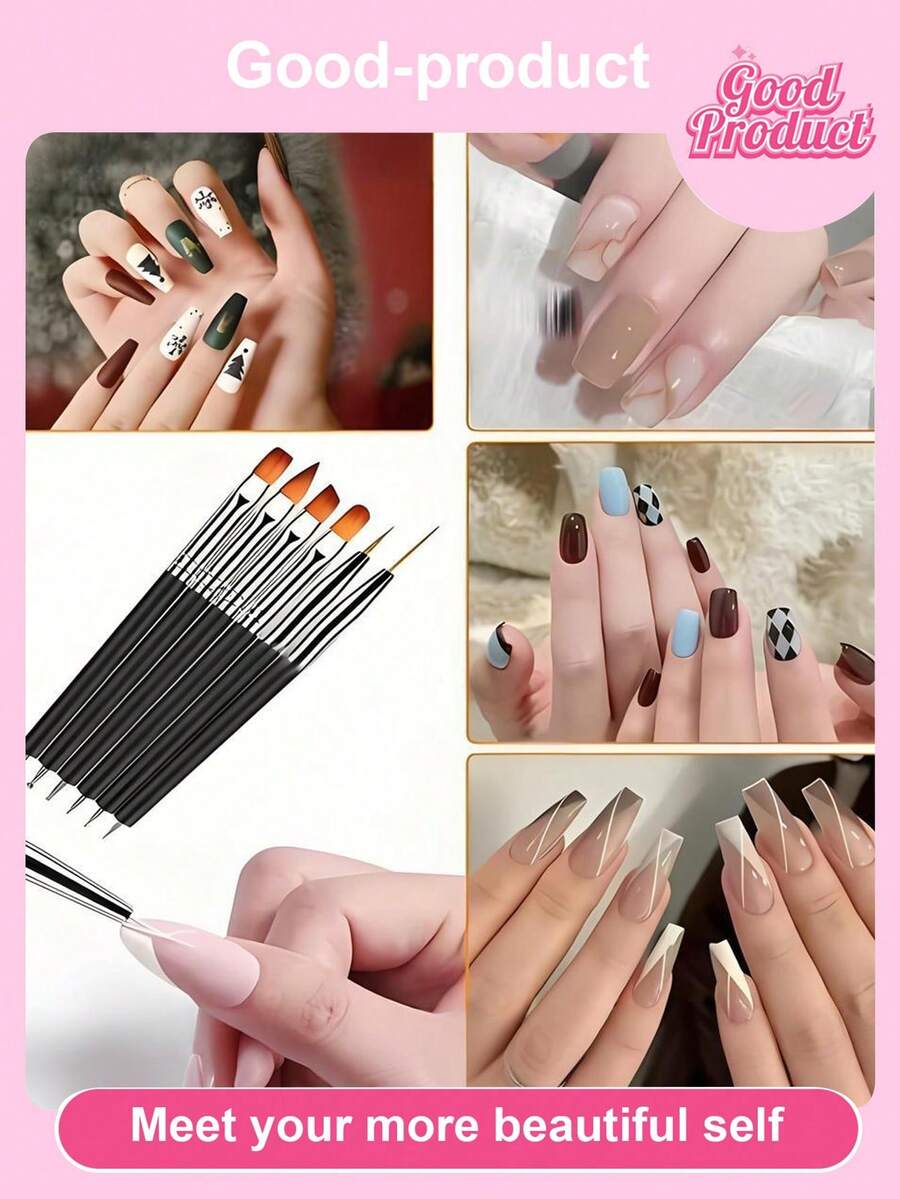 6pcs Black Multi-Functional Nail Brushes - Dot Painting, Line, Flat Head, Round Head, Suitable For Diy And Professional Use - Multicolor - View 1