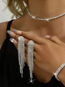 3pcs/Set Tassel Design Bridal Women's Fashionable Crystal Necklace Set, Simple Jewelry Set Suitable For High-End Evening Dresses, High-End Banquets, And Dances.