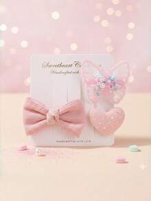 Set de 3 pinzas para el cabello de niña con corazón rosa y lazo, pasadores para el cabello con bordado de brillo, accesorios para el cabello como regalo del Día de San Valentín