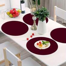 4-Piece Round Placemats, 15x15inch , Burgundy Solid Color Background, Flat Style, Non-Slip Heat-Resistant, Suitable For Dining And Party Decoration Poku4312,Kitchen Essentials,Valentine's Day,Valentine's Day,Valentines,Valentines Day,Wedding Decor - 彩色 - 查看 2
