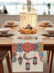 1pc Ramadan Crescent Moon Pattern Table Runner, Ramadan Home Decor Table Runner, Islamic Home Decor, 1pc Table Runner, 4pcs Placemats, 1pc Cushion Cover, 3 Products Available, Home Decor Indoor/Outdoor Party Supplies, Room Decoration. Suitable For Ramadan Home Kitchen Decor And Ramadan Event Party Decoration - Multicolor - View 2