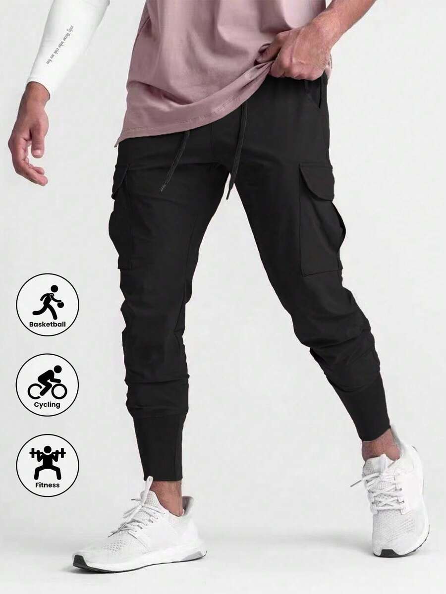 Men's Slim Fit Casual Cargo Pants, Fashionable Outdoor Tapered Leg Trousers, Spring/Autumn - Black - View 1