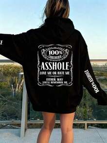 Plus Size Women Slogan Print Drop Shoulder Long Sleeve Casual Loose Thermal Lined Hoodie Sweatshirt, Autumn/Winter - 黑色 - 查看 10