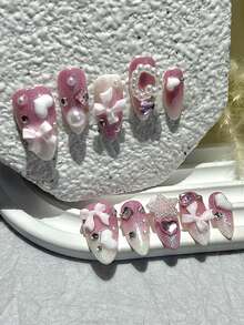 10片甜美少女手工美甲贴片，可爱柔软的杏仁形甲片，粉色渐变丝带爱心珍珠假指甲，美甲用品（1片果冻贴纸+1个指甲锉） - 粉色 - 查看 2