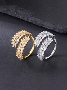 1pc Fashionable Zirconia Inlaid Leaf Wrap Adjustable Ring, Suitable For Women's Daily, Party, Date, Wedding, Eid Celebration, Gift - Intertwined Branches and Leaves - View 6