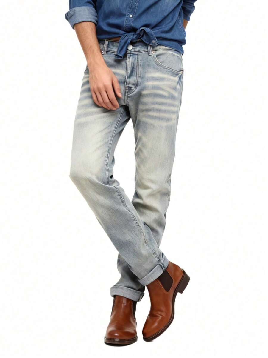 Vaqueros Retro de Calidad Superior para Hombres con Estilo Streetwear, Pantalones Slim Tapered con Efecto Whisker de  Urbanas, Denim Vintage Confortable y Adaptable - Gris - Ver 1