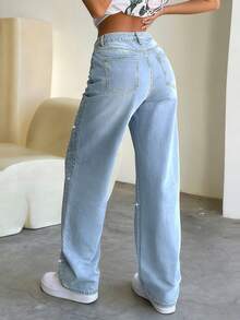 女士时尚做旧水钻装饰宽松直筒牛仔裤 - 淺色水洗藍 - 查看 5