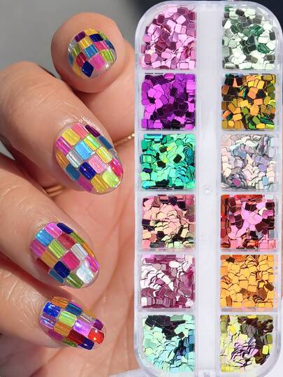 Iridescent Holographic Square Glitter Flakes, 12 Colors Rectangle Sparkly Sequins, 3D Glitters Nails Supplies For Women Girls Manicure Shiny Decorations DIY Nail Arts Wedding/Holiday Nail Supplies