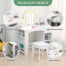 Tocador de Princesa Iluminado con Espejo para Niñas – Mesa de Maquillaje de Madera con Estantería, Cajón, Estantes y Banco – Mueble de Almacenamiento Elegante para Dormitorio o Cuarto de Juegos - Color: Blanco con accesorios. - Ver 9