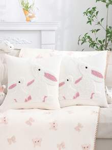 1件/2件装复活节装饰抱枕套，兔耳朵毛绒刺绣帆布，适用于客厅、沙发、卧室、家居装饰、节日礼物、春夏