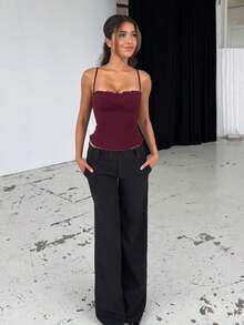 Women's Lace Sleeveless Slim Fit Fitted Tank Top With Thin Straps And Lace Trim Detail Perfect For Going Out Party Tops And Casual Summer Wear - Màu Đỏ Sâu - Xem 6
