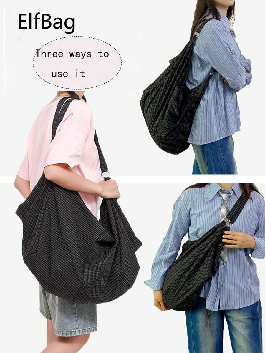 Modische einfarbige Schultertasche mit großer Kapazität und kariertem Muster, aus weichem, wasserabweisendem Nylon, Damen Umhängetasche, lässige vielseitige Shopper Tasche, geeignet für Arbeit, Studium, Reisen - Schwarz - Übersicht 1