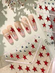 1 Pc 5D Embossed Red And Silver Five-Pointed Star Nail Polish Sticker DIY Self-Adhesive Slider Nail Sticker Nails - Red - View 6