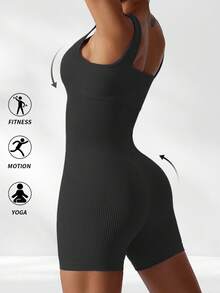 Yefecy Solid Color Ribbed Seamless Yoga Jumpsuit, Ribbed Solid Color Fashion Sports Jumpsuit, High Stretch Yoga Jumpsuit, Women Sports Wear, Spring/Summer - Black - View 5