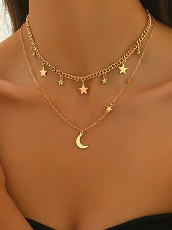 1件新款创意双层叠戴极简项链，带吊坠，时尚斋月项链