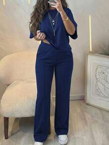 Women's 2 Pieces Casual Outfit, Comfortable Solid Color Short Sleeve Top Paired With Elastic Waist Pocket Pants, Soft Polyester-Spandex Fabric, Spring/Summer - Blue - View 1