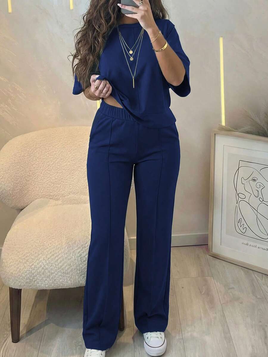 Women's 2 Pieces Casual Outfit, Comfortable Solid Color Short Sleeve Top Paired With Elastic Waist Pocket Pants, Soft Polyester-Spandex Fabric, Spring/Summer - Blue - View 1