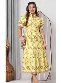 Women's Midi Dress With Embroidered Lace, All-Over Print, Embroidery, Button Detail, Ruffle Detail, Gathered Detail, Suitable For Formal And Evening Wear. - 3D Bicolor Yellow - View 1