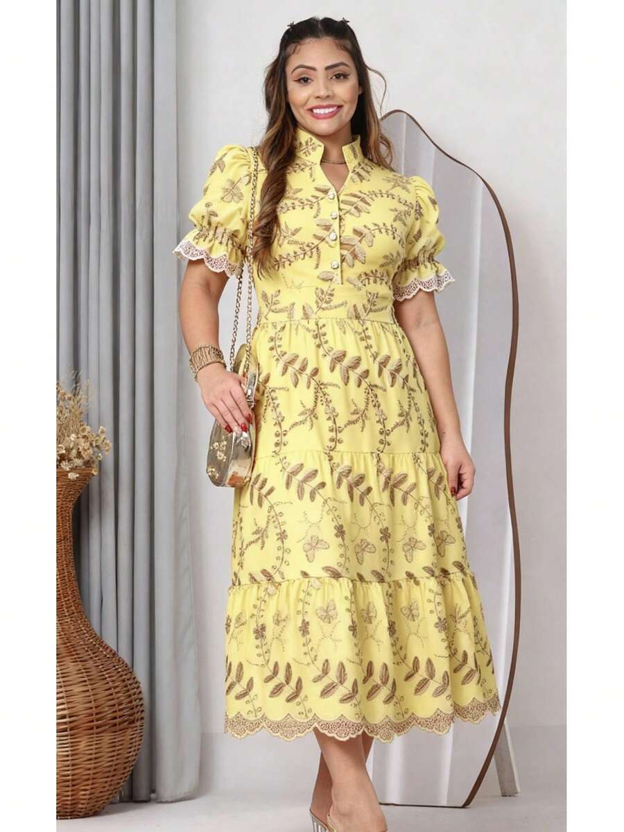 Women's Midi Dress With Embroidered Lace, All-Over Print, Embroidery, Button Detail, Ruffle Detail, Gathered Detail, Suitable For Formal And Evening Wear. - 3D Bicolor Yellow - View 1