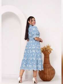 Women's Midi Dress With Embroidered Lace, All-Over Print, Embroidery, Button Detail, Ruffle Detail, Gathered Detail, Suitable For Formal And Evening Wear. - Blue/white 3d - View 3