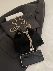 Fashionable Solid Color Chain Strap Mini Bucket Crossbody Bag - Black - View 7