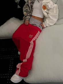 Y2K Oversized Wide Leg Track Pants - Striped Graphic Streetwear - Đỏ - Xem 3