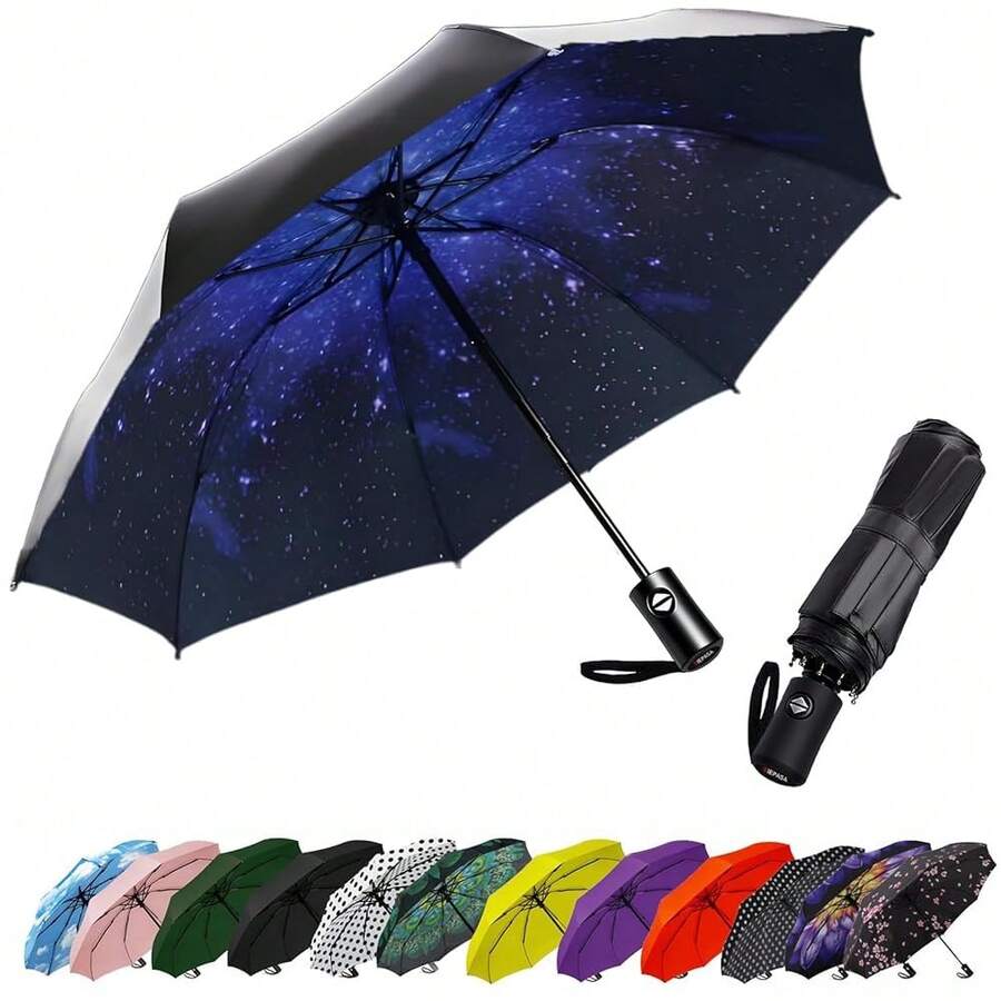 Compact Travel Umbrella - Windproof Auto Open/Close, Small Folding Umbrella For Rain - Lightweight & Durable With Fiberglass Frame, Waterproof Canopy - Fits Backpack, Purse, Suitcase. (Starry),42Inch-1Pack,Starry - 星空 - 查看 1
