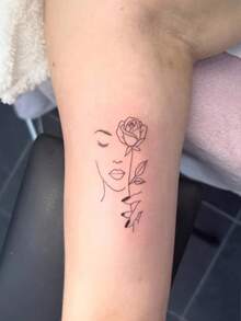 1张时尚INS风PVC材质线条艺术脸部玫瑰纹身贴纸，简约小众手绘美人花卉手臂贴纸，防水防汗持久仿真纹身贴 - 黑色 - 查看 3