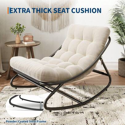 Silla Mecedora Exterior con Capacidad de 450 Lbs, Silla Mecedora Columpio Papasan Ajustable con Cojín Impermeable, Estructura Metálica Resistente a Todo Clima para Porche, Jardín y Sala, Color Blanco