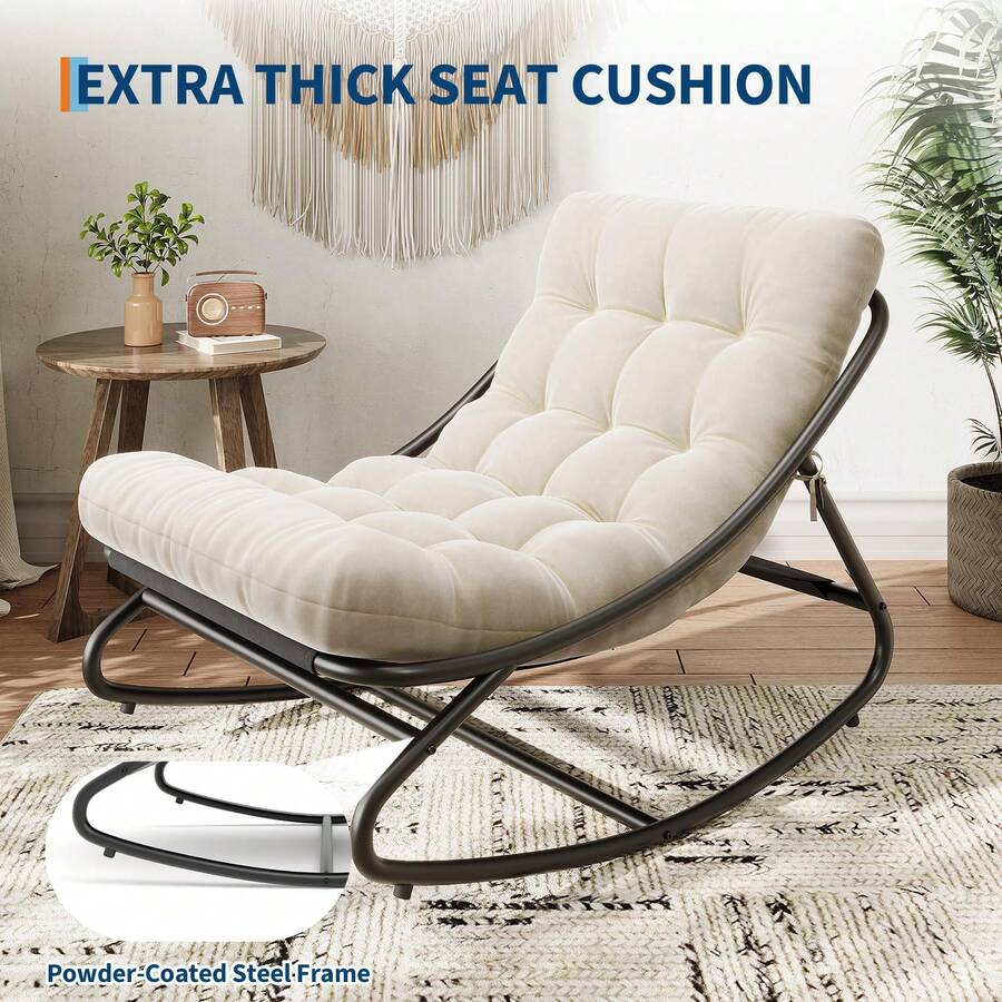 Silla Mecedora Exterior con Capacidad de 450 Lbs, Silla Mecedora Columpio Papasan Ajustable con Cojín Impermeable, Estructura Metálica Resistente a Todo Clima para Porche, Jardín y Sala, Color Blanco - Blanco - Ver 1