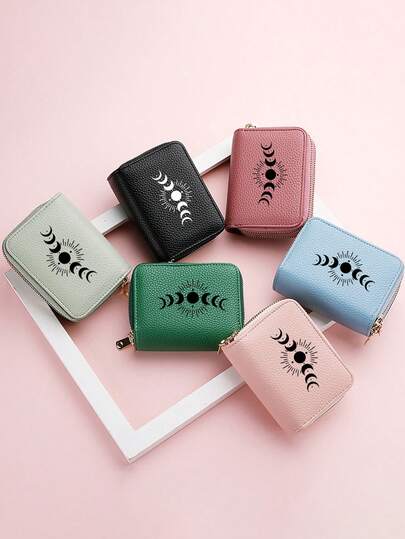 1 Moon Printed Double Zipper Wallet - Compact Card Clip That Can Hold Cash, ID Cards, Credit Cards - Black Artificial Leather Exterior Design, Perfect Gift For Family And Friends, Eid Al Adha Gift Wallet | Light Green Wallet | Zipper Closure, Cute Wallet