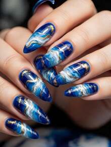 24pcs Blue Striped Almond Shaped Press-On Nails, Nail Art Supplies, Y2K Style - Royal Blue - View 8