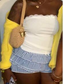 Women's Khaki Foldable Shoulder Tote Bag, Crochet Knit Handbag, Fashionable & Casual Vacation Purse - Khaki - View 10