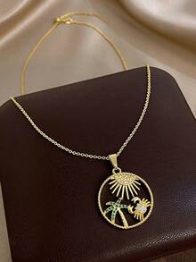 1 Pc 14K Gold Plated Summer Pendant Necklace For Women Stainless Steel Chain Cubic Zirconia Cute Necklace Choker Jewelry Gifts Valentine Mother Day - Multicolor - View 13