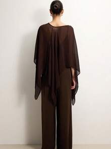 Women's Elegant And Fashionable Soft Shawl Top, Solid Color Boat Neck Loose Transparent Asymmetrical Hem Shawl Top, Suitable For Concerts, Parties, Daily Life - 卡其色 - 查看 2