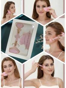 1pc Healing Crystal Beauty Set - Features Rose Quartz Roller, Amethyst & Pink Jade Gua Sha Hearts. Premium Facial Care Collection - Hồng - Xem 5