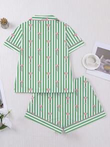 HOREA 2pcs Women's Sleepwear Set, Green Striped Wine Glass Print, Comfortable Shirt Collar Short Sleeve Top And Elastic Waist Shorts, Suitable For Parties, Casual Outdoor And Home Wear - 綠色 - 查看 2