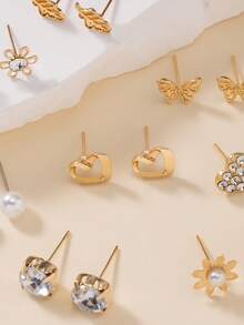 12 Pairs Metal Faux Pearl Rhinestone Butterfly, Heart, Flower Assorted Stud Earrings Set, Beautiful Everyday Casual & Holiday Gift For Women - Yellow Gold - View 4