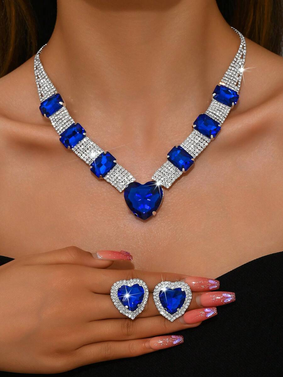 1 Set Women's Wedding Jewelry Set | Sparkling Heart-Shaped Sapphire Crystal 2-Piece Set | Rhinestone Accessories | Suitable For Wedding, Party, Valentine's Day, Thanksgiving Gift - Blue - View 1