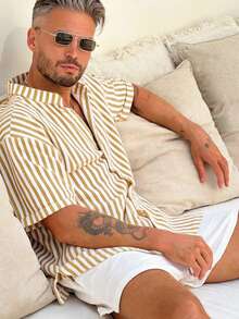 GOLDREDY Men's Casual Striped Shirt And Solid Color Soft Shorts Set, Beach Outfits For Men - Yellow - View 2