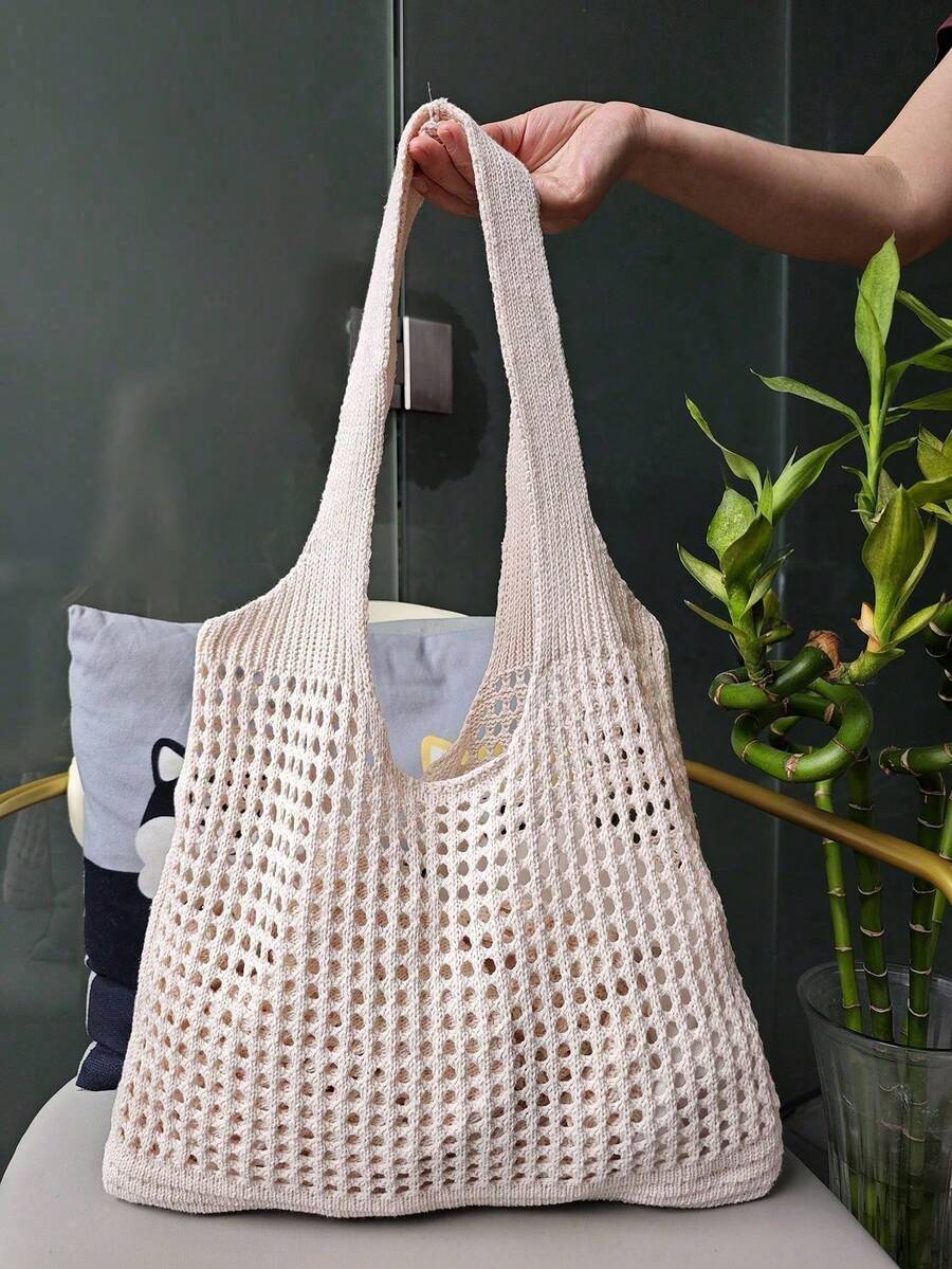 Back To School,Large Women's Handbags,Women Girls Knitted Shoulder Bags Retro Hollow Woven Large Capacity Floral Decor Shopper Handbags Crochet Bag Crochet Bags For Women Summer Beach Tote Bag - 米色 - 查看 1