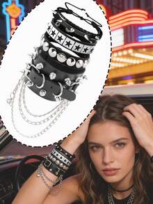 一套朋克摇滚铆钉骷髅星形手链，尖刺铆钉带手链，PU皮革手镯，机车链条手链，男女通用，80年代90年代腕带链条手链，黑色哥特蒸汽朋克风格，可调节，男女皆宜的时尚复古配饰，万圣节派对礼物