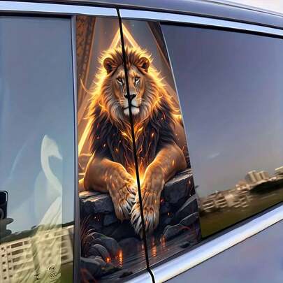 2pcs Majestic Lion Car Center Pillar Stickers And Decals, HD Printed SelfAdhesive B Pillar Stickers For Car, Vehicle Door Window Pillar Decals With Golden Light, Powerful Feline Design, Automotive Decoration, Car Personalization, Eyecatching Decals