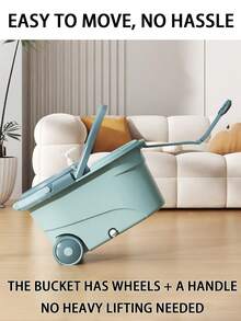 Sistema de trapeador y cubo con giro de 360°, 3 recambios de microfibra y mango extendido - Trapeador de autolimpieza sin manos para una limpieza de pisos sin esfuerzo en la cocina y el baño, artículos esenciales para el hogar - Azul menta - Ver 4